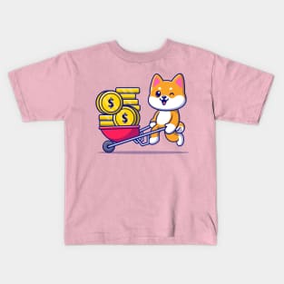 Cute Shiba Inu Dog Pushing Cart Gold Coin Cartoon Kids T-Shirt